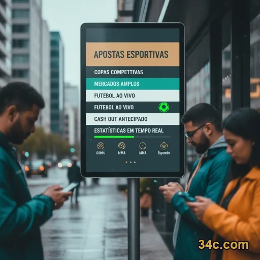 34c.com no celular com telas do aplicativo na palma da mão